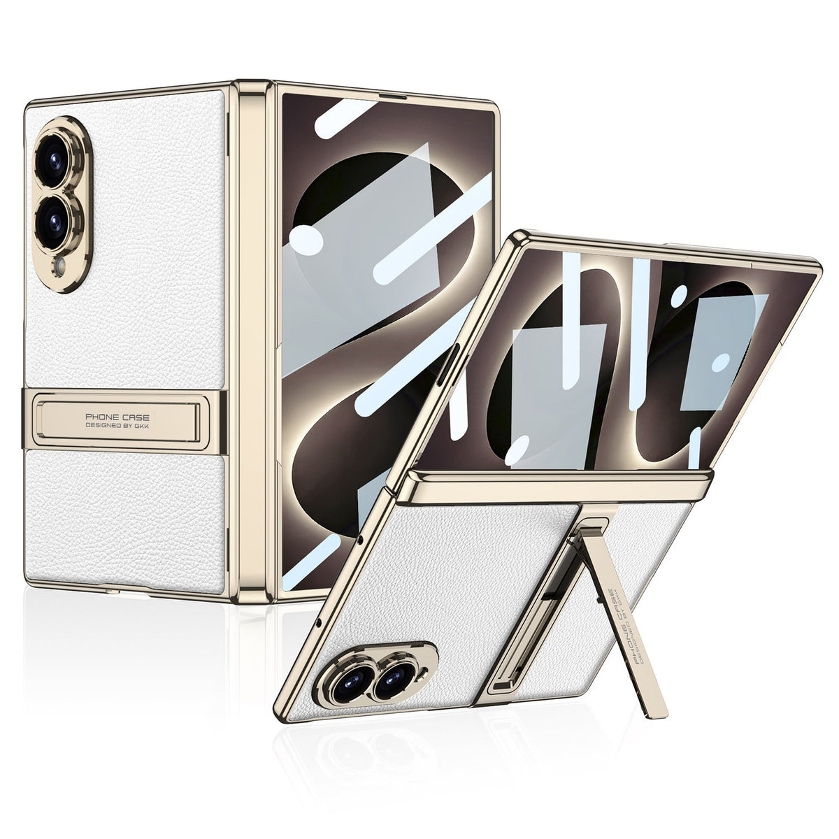Leather Case For Galaxy Z Fold 8 – Gold-Finish Frame, Built-In Tempered Glass Film & Hidden Kickstand