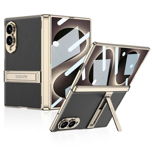 Leather Case For Galaxy Z Fold 8 – Gold-Finish Frame, Built-In Tempered Glass Film & Hidden Kickstand