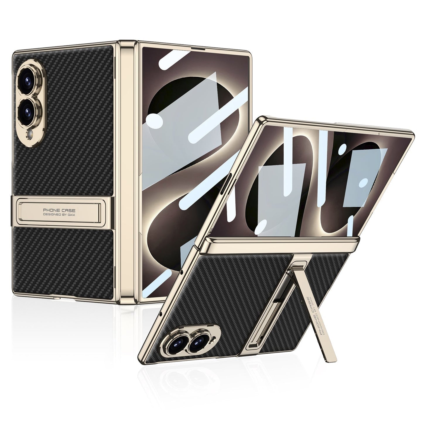 Leather Case For Galaxy Z Fold 8 – Gold-Finish Frame, Built-In Tempered Glass Film & Hidden Kickstand