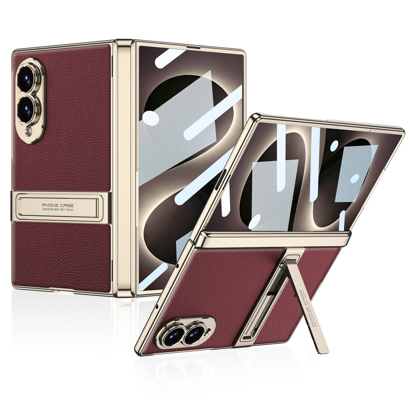 Leather Case For Galaxy Z Fold 8 – Gold-Finish Frame, Built-In Tempered Glass Film & Hidden Kickstand