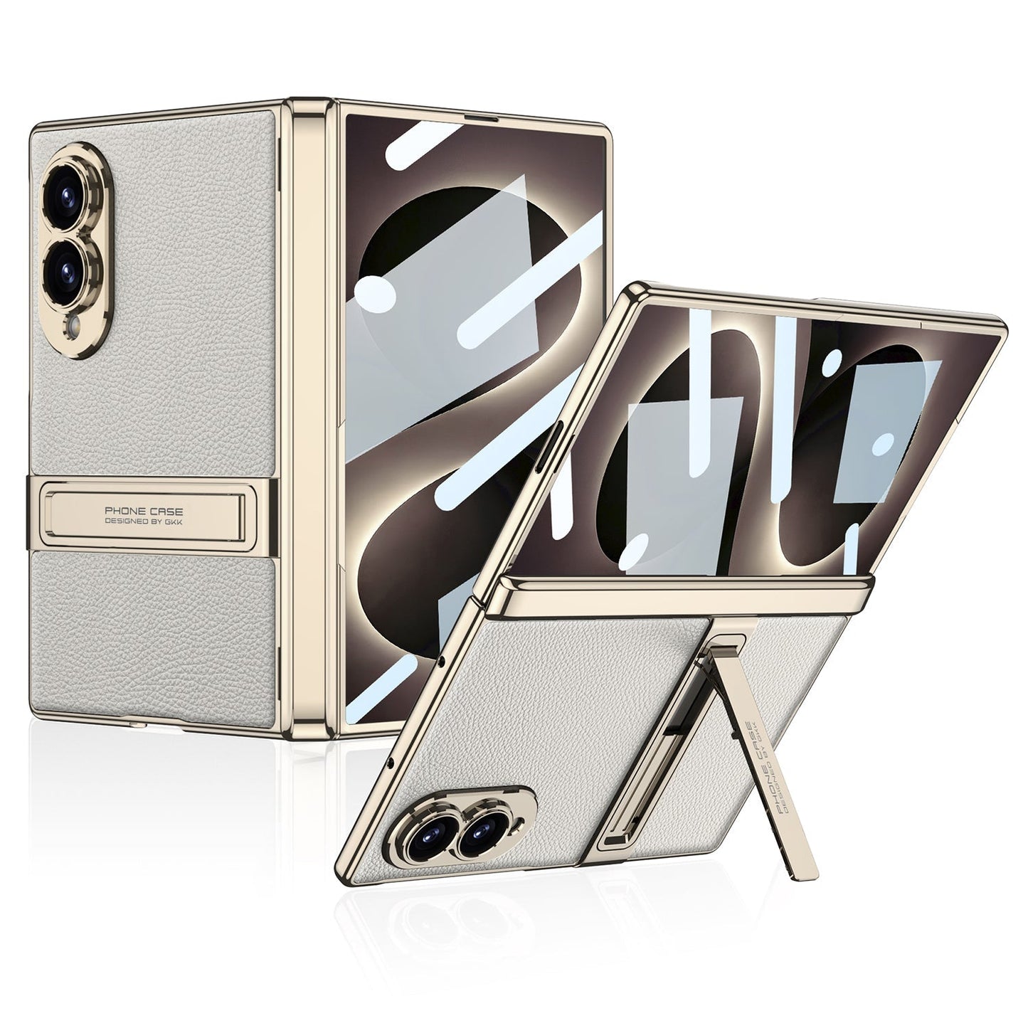 Leather Case For Galaxy Z Fold 8 – Gold-Finish Frame, Built-In Tempered Glass Film & Hidden Kickstand