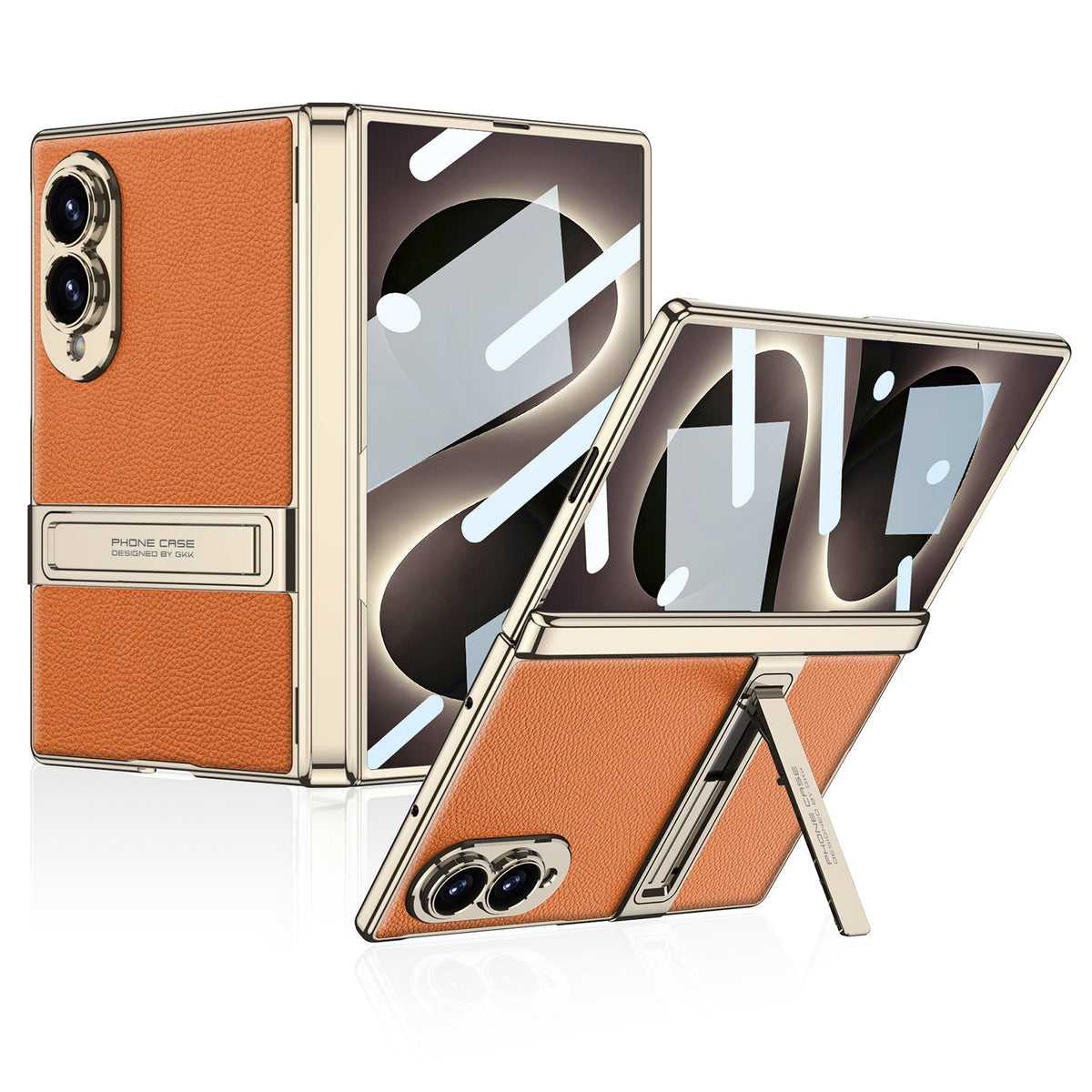 Leather Case For Galaxy Z Fold 8 – Gold-Finish Frame, Built-In Tempered Glass Film & Hidden Kickstand