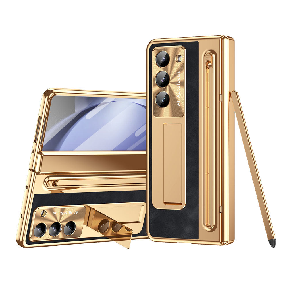Leather Golden Electroplated Phone Case With Back Screen Glass and Stylus For Galaxy Z Fold 8