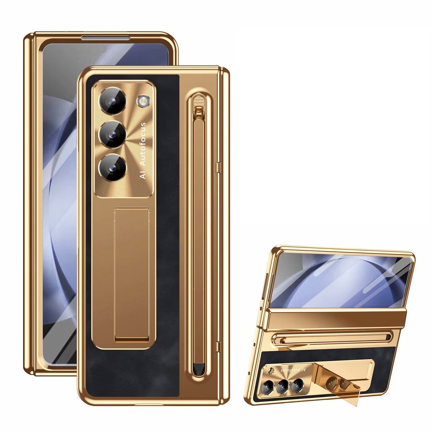 Leather Golden Electroplated Phone Case With Back Screen Glass and Stylus For Galaxy Z Fold 8