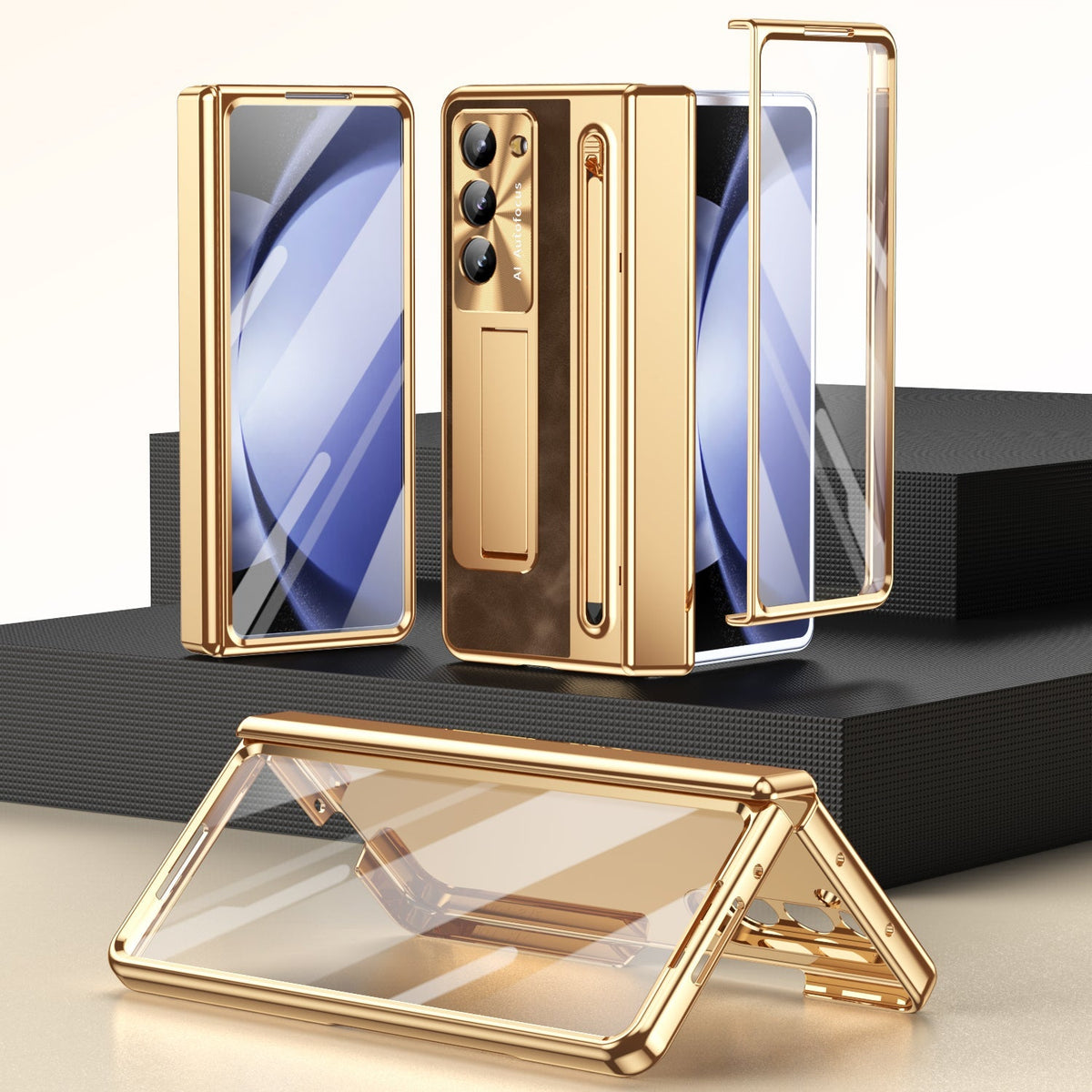 Leather Golden Electroplated Phone Case With Back Screen Glass and Stylus For Galaxy Z Fold 8