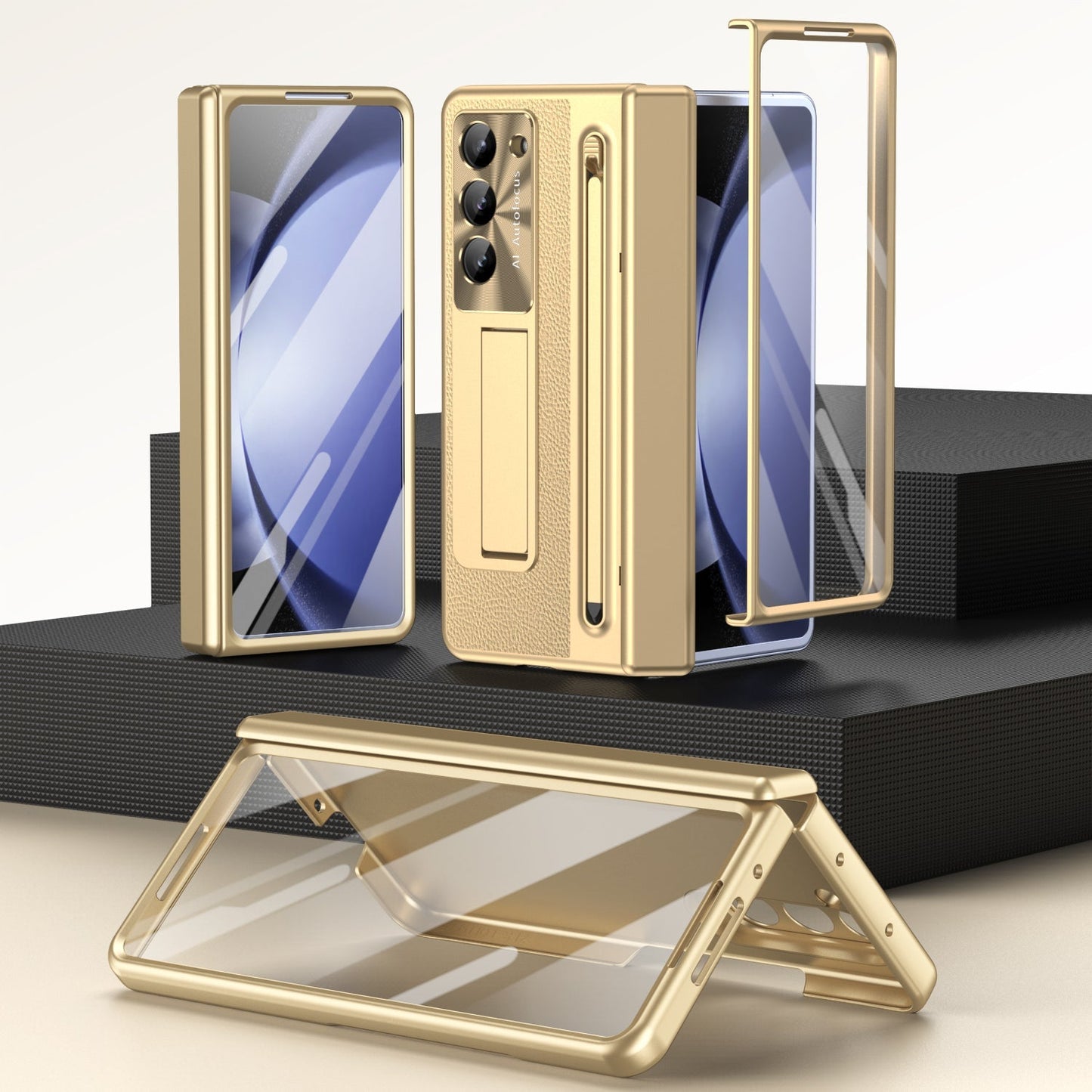 Leather Golden Electroplated Phone Case With Back Screen Glass and Stylus For Galaxy Z Fold 8