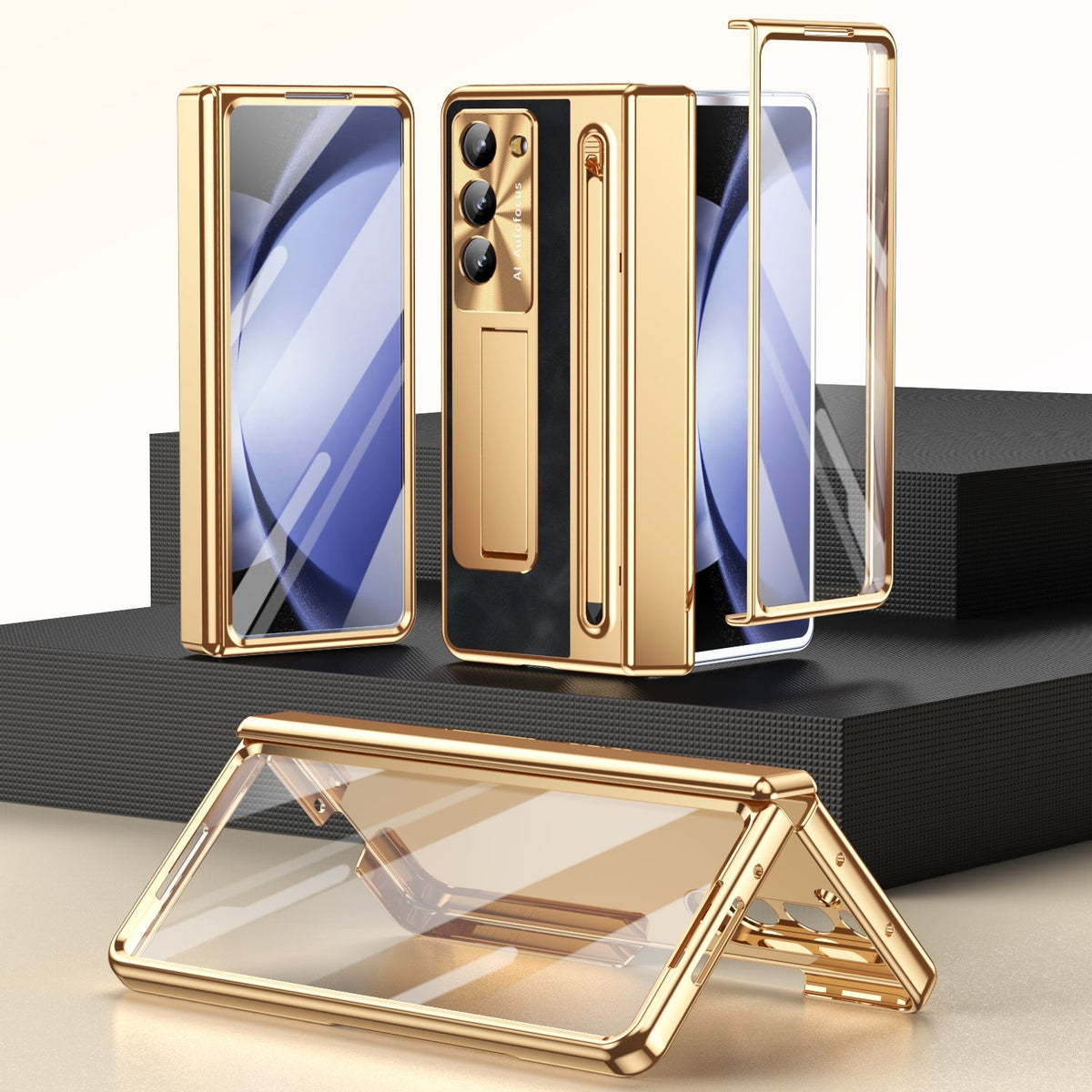 Leather Golden Electroplated Phone Case With Back Screen Glass and Stylus For Galaxy Z Fold 8