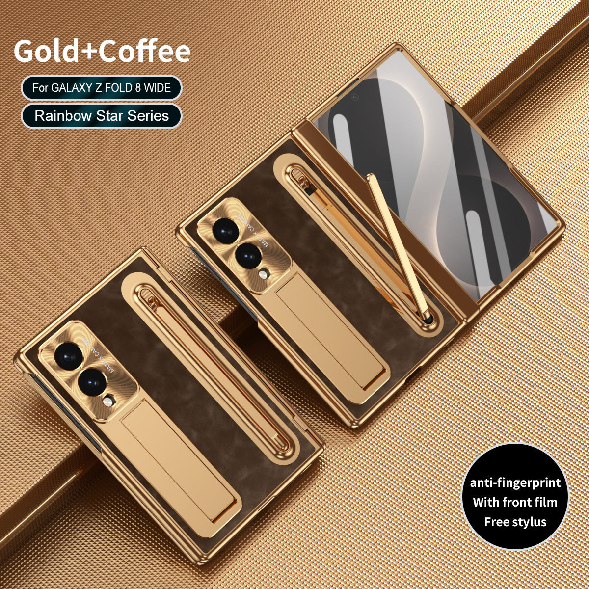 Leather Golden Electroplated Phone Case With Back Screen Glass and Stylus For Galaxy Z Fold 8