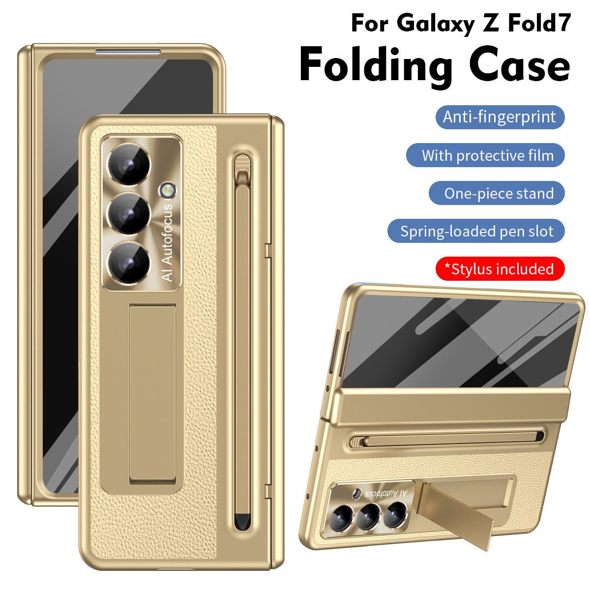 Leather Golden Electroplated Phone Case With Back Screen Glass and Stylus For Galaxy Z Fold 8