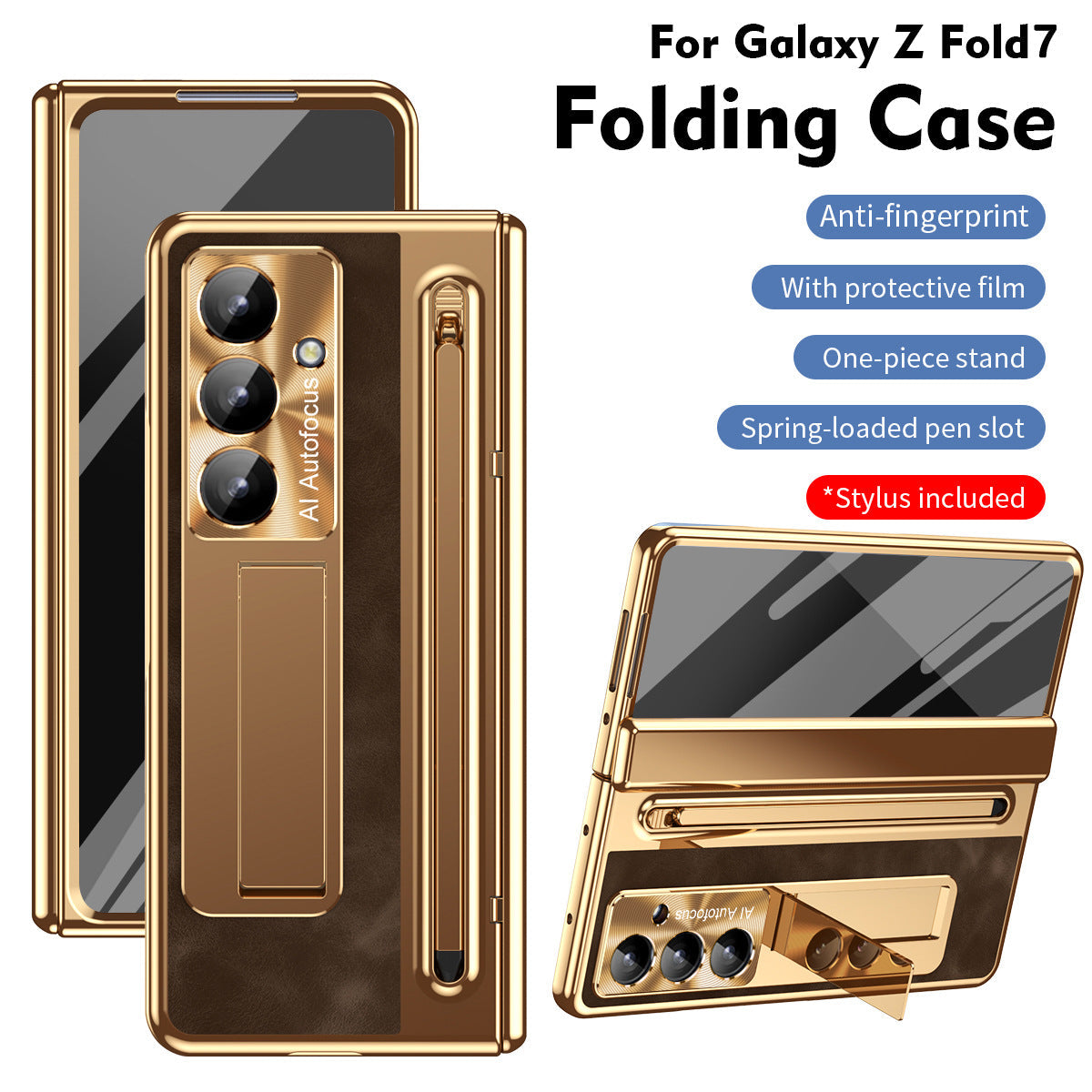 Leather Golden Electroplated Phone Case With Back Screen Glass and Stylus For Galaxy Z Fold 8