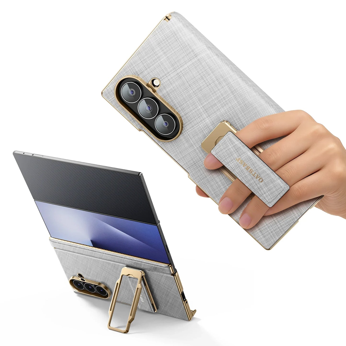 Smartphone with a textured gray case held by a hand, with a stand attached on a white background
